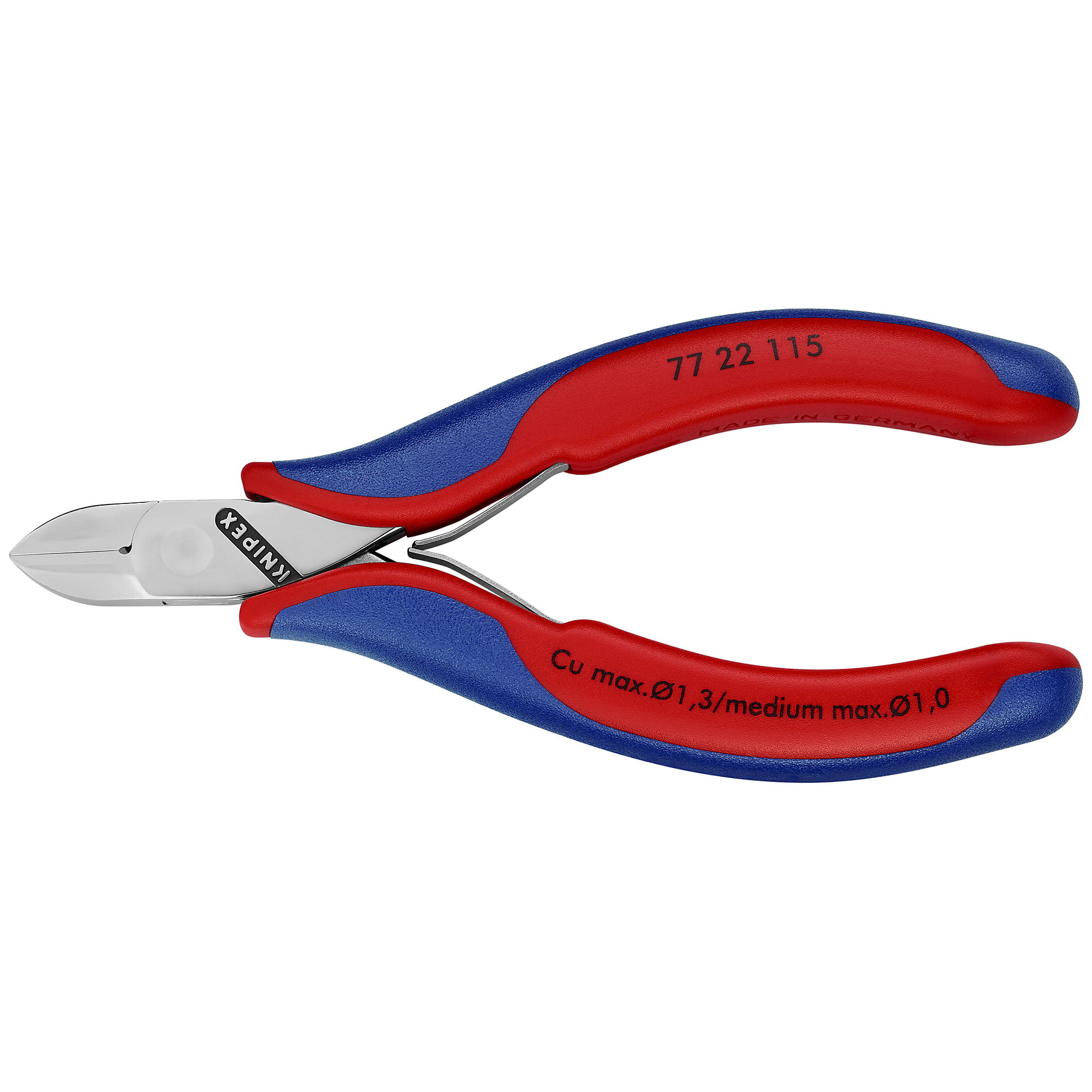 KNIPEX, Electr Diag Cutters, Comfort Grip, 4.5in., Pieces (qty.) 1 Material Steel, Jaw Capacity 0.047 in, Model# 77 22 115